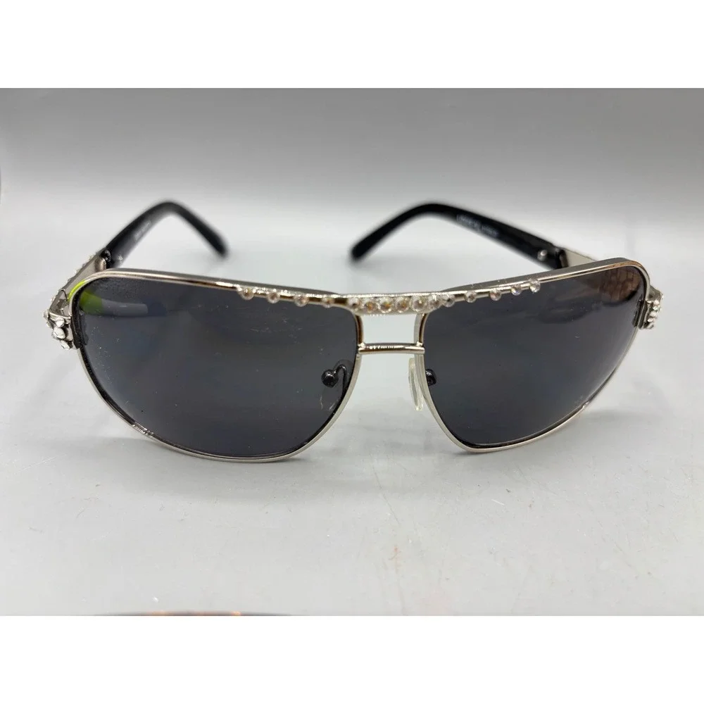 Louis Valentin Aviator Sunglasses Silver Frame Black Lenses‎ Rhinestones 3159LO